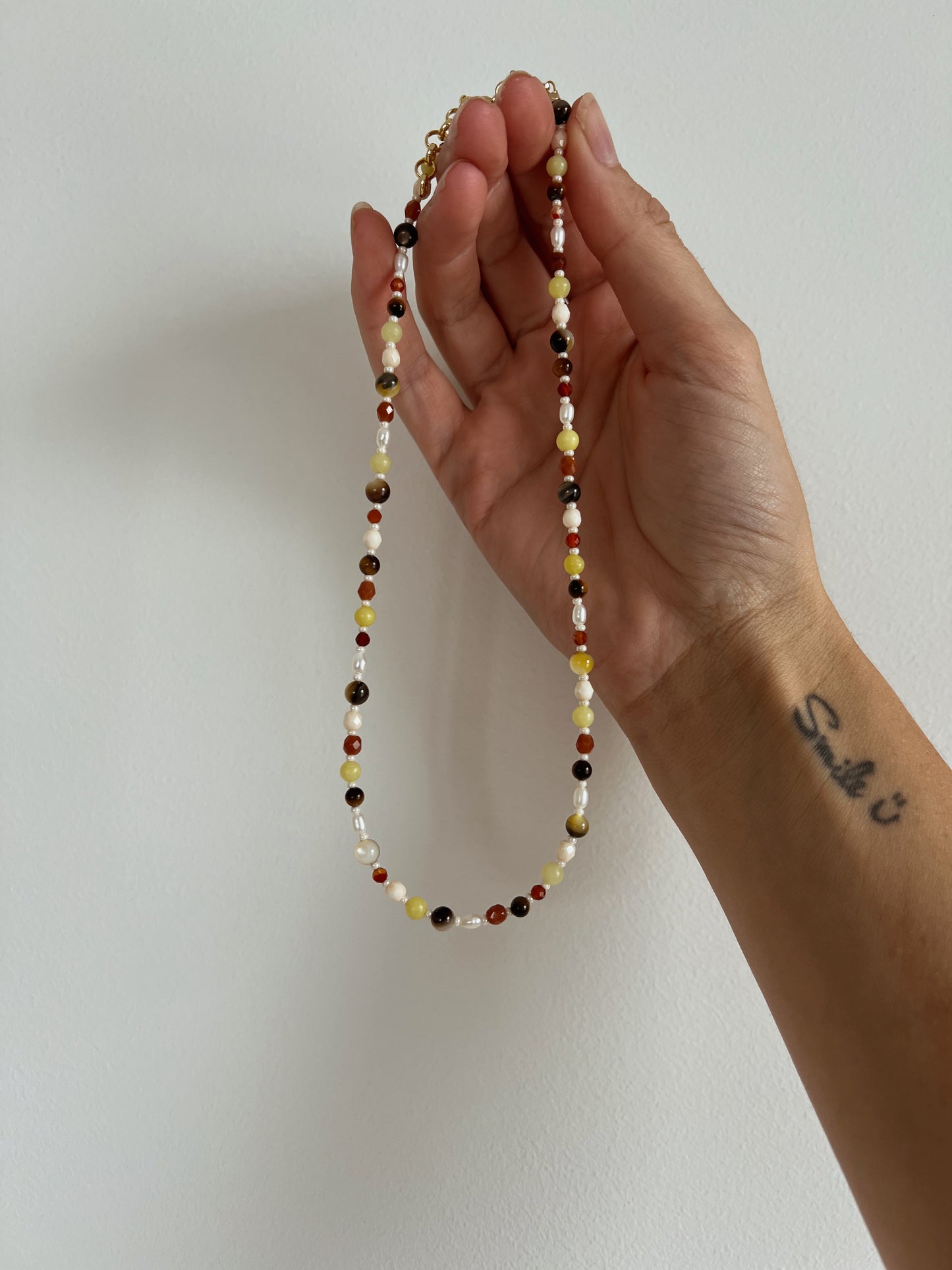 Gemstone Beaded Necklace - Pearl, Tigers eye + Olive Jade