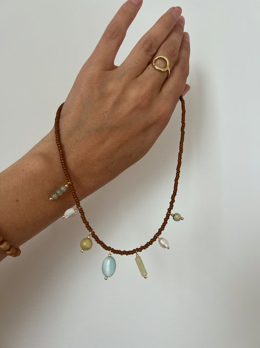 Relic Beaded Charm Necklace - Tan + Green